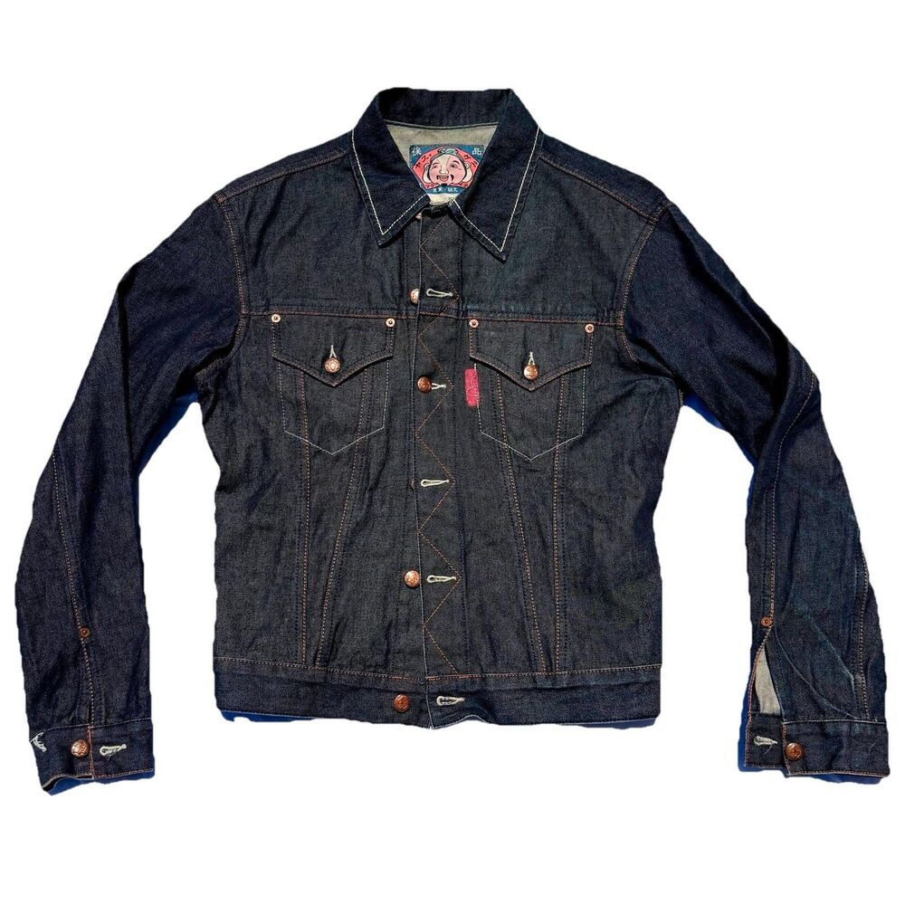 Evisu Maniacs 100% Cotton Dark Blue Red Vintage Denim Jacket SZ Large